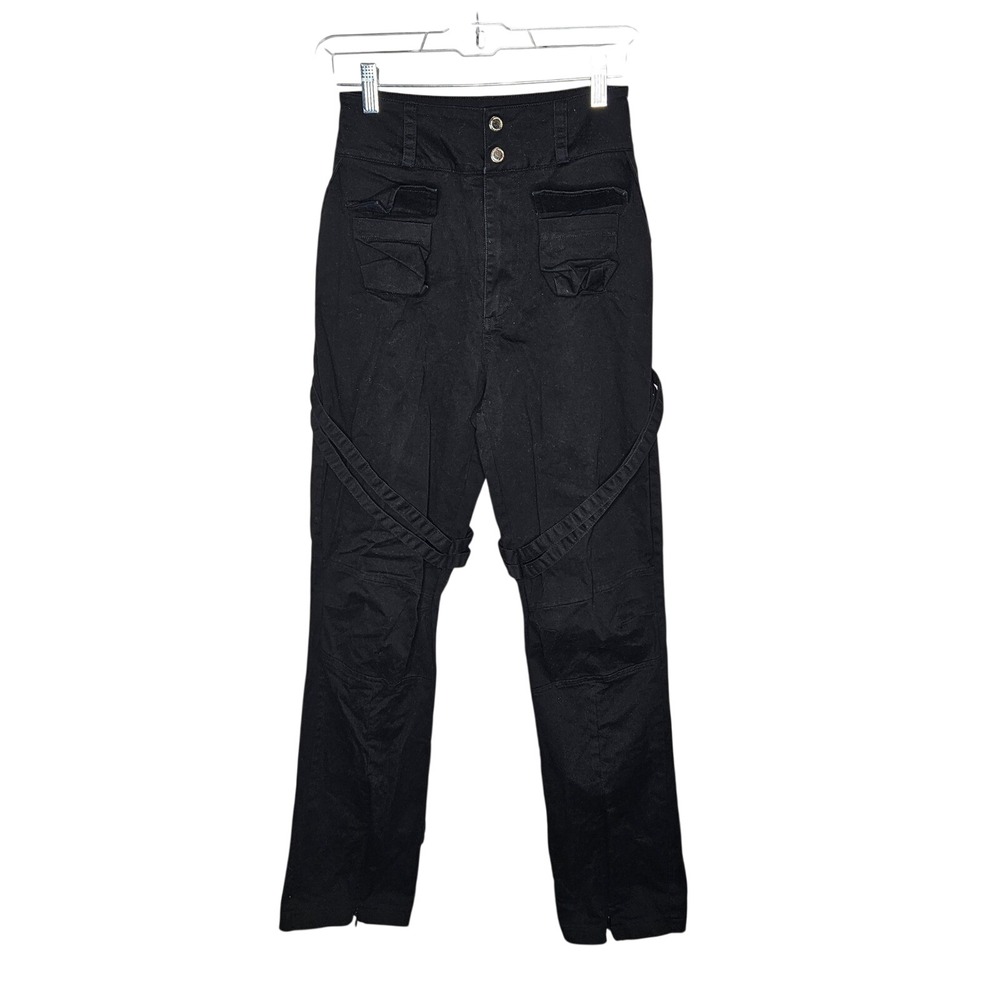 Maniere De Voir Womens Black High Waisted Cargo Strap Pants Split Hem Utility 2